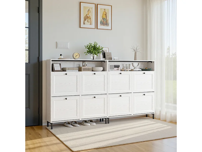 Bealife Meuble chaussures avec 4 abattants, 1 niche – 100x24x108 cm, Blanc - Étagères réglables en hauteur, peut contenir plusieurs paires de chaussures.