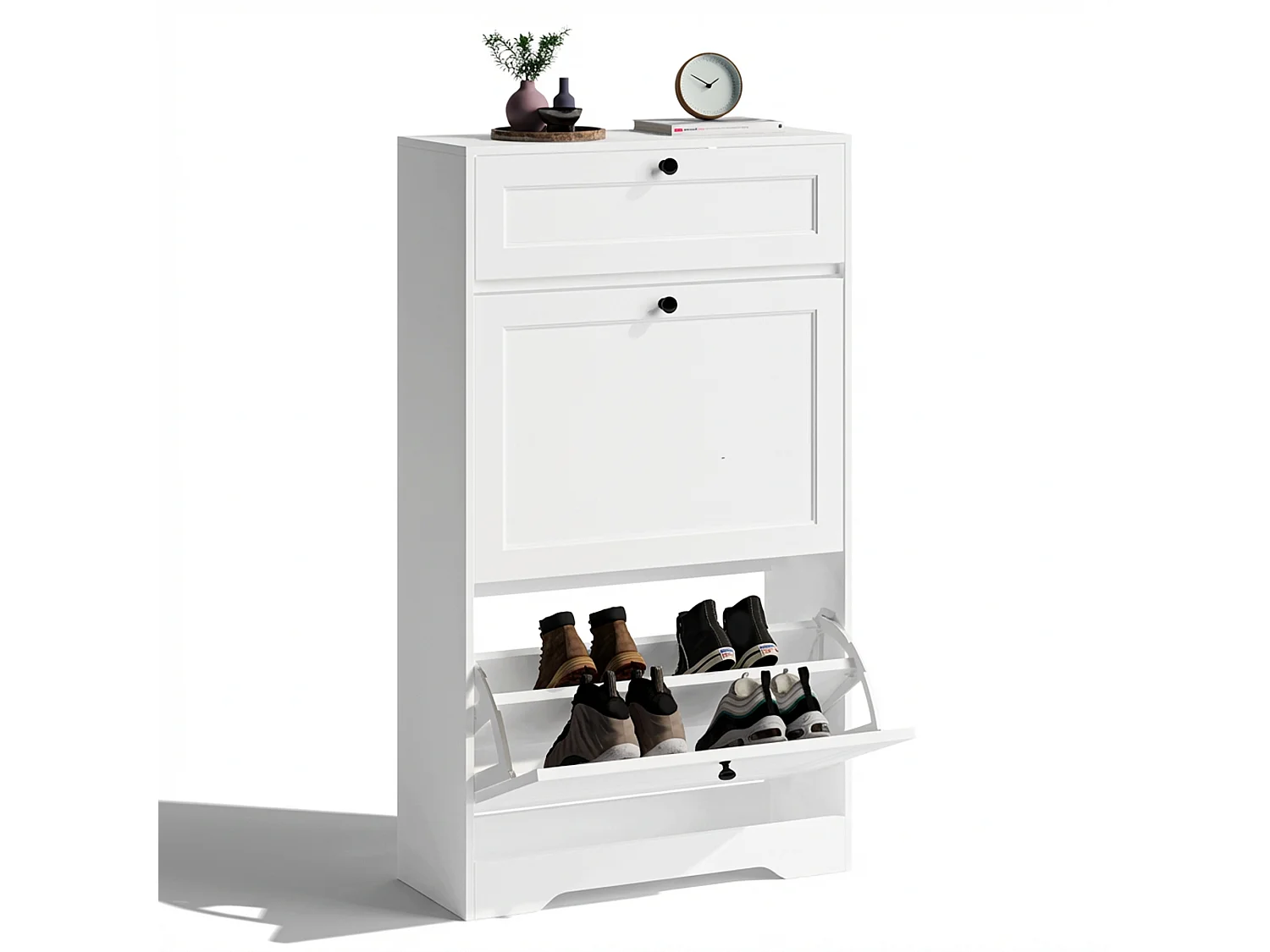 Bealife Meuble chaussures avec 2 abattants，1 tiroirs – 58x24x102 cm, Blanc-Étagères réglables en hauteur, Rangement chaussures moderne et fonctionnel