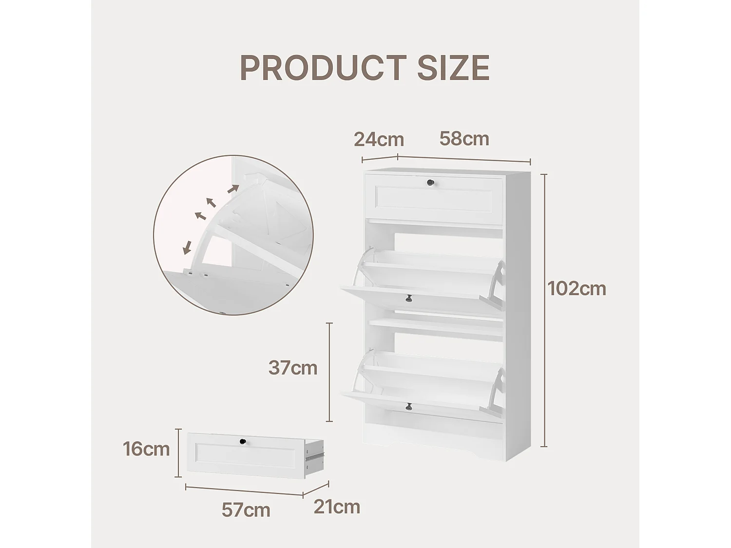Bealife Meuble chaussures avec 2 abattants，1 tiroirs – 58x24x102 cm, Blanc-Étagères réglables en hauteur, Rangement chaussures moderne et fonctionnel