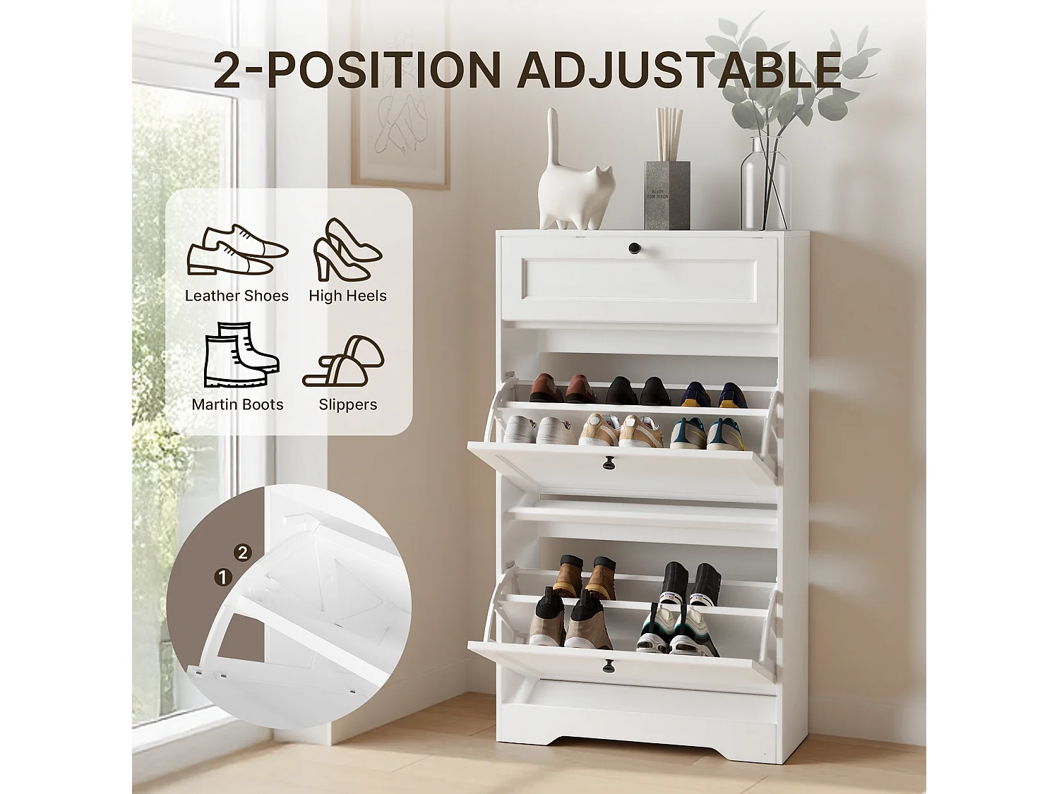Bealife Meuble chaussures avec 2 abattants，1 tiroirs – 58x24x102 cm, Blanc-Étagères réglables en hauteur, Rangement chaussures moderne et fonctionnel