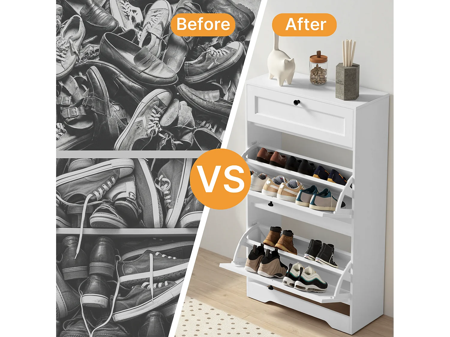 Bealife Meuble chaussures avec 2 abattants，1 tiroirs – 58x24x102 cm, Blanc-Étagères réglables en hauteur, Rangement chaussures moderne et fonctionnel