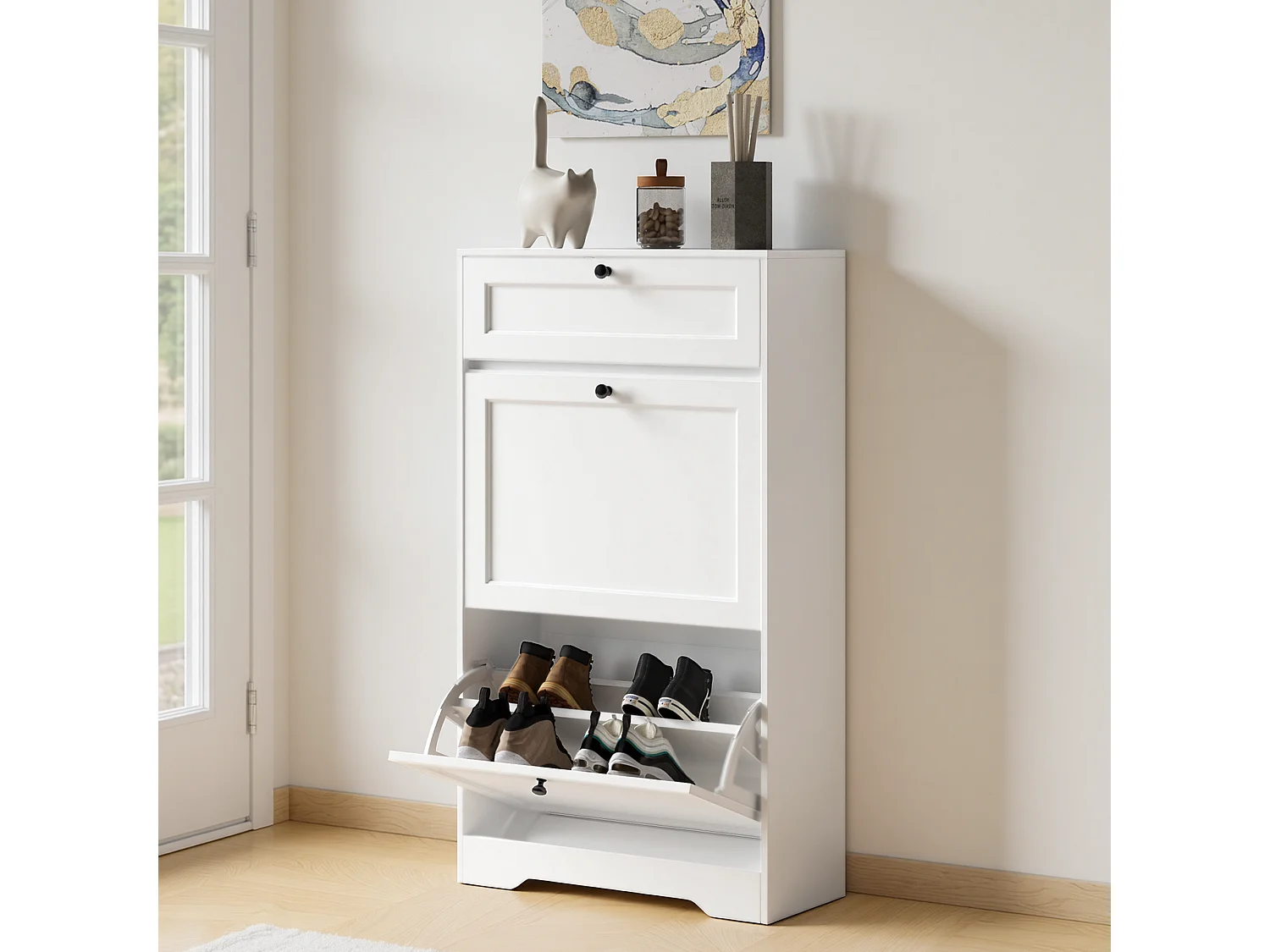 Bealife Meuble chaussures avec 2 abattants，1 tiroirs – 58x24x102 cm, Blanc-Étagères réglables en hauteur, Rangement chaussures moderne et fonctionnel