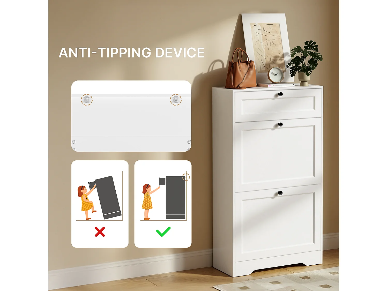 Bealife Meuble chaussures avec 2 abattants，1 tiroirs – 58x24x102 cm, Blanc-Étagères réglables en hauteur, Rangement chaussures moderne et fonctionnel