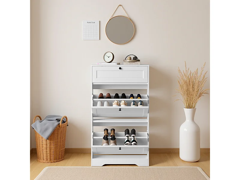 Bealife Meuble chaussures avec 2 abattants，1 tiroirs – 58x24x102 cm, Blanc-Étagères réglables en hauteur, Rangement chaussures moderne et fonctionnel