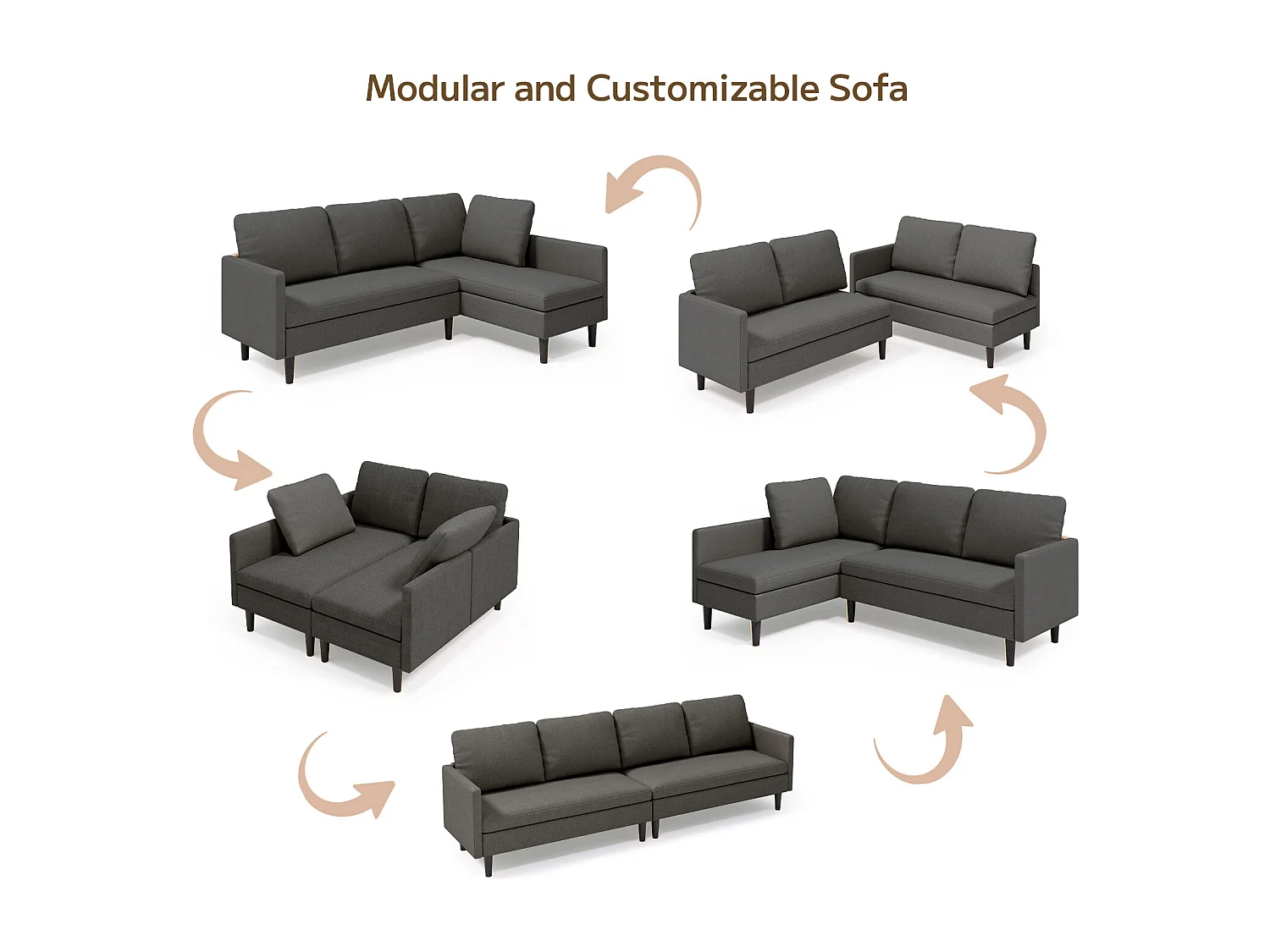 Bealife Canapé d’angle modulable 5 modes de combinaison, angle droit canapé convertible avec accoudoirs réglables - Gris anthracite