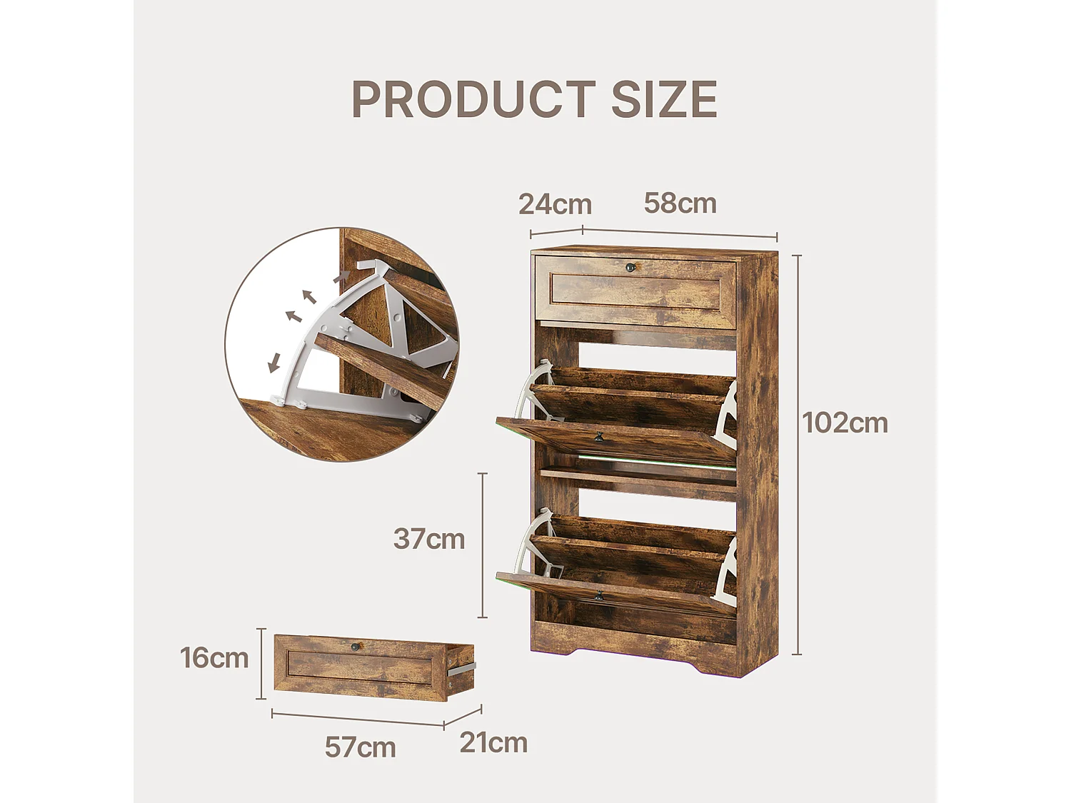 Bealife Meuble chaussures avec 2 abattants，1 tiroirs – 58x24x102 cm, Marron - Étagères réglables en hauteur, Rangement chaussures moderne et fonctionnel