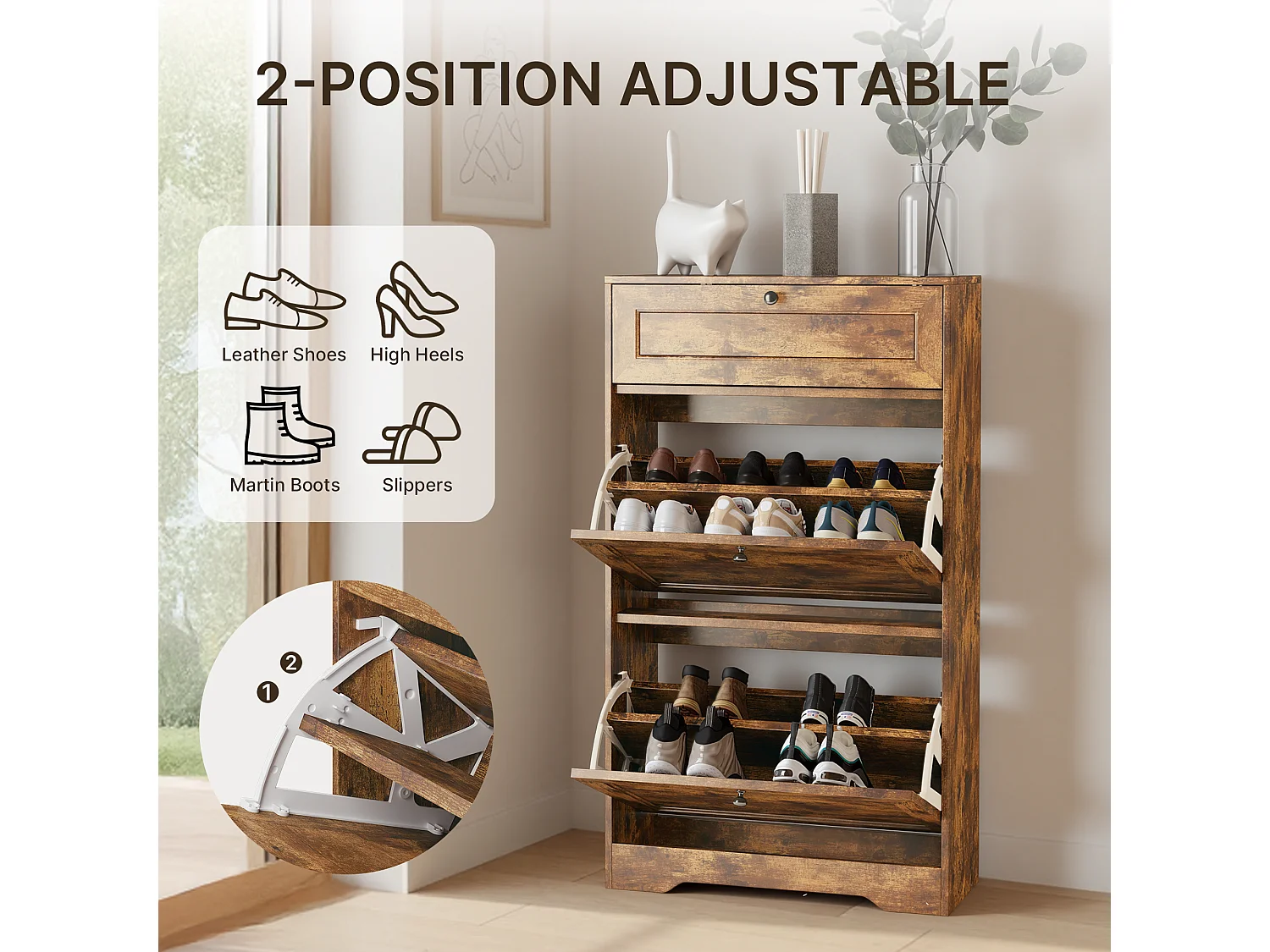 Bealife Meuble chaussures avec 2 abattants，1 tiroirs – 58x24x102 cm, Marron - Étagères réglables en hauteur, Rangement chaussures moderne et fonctionnel