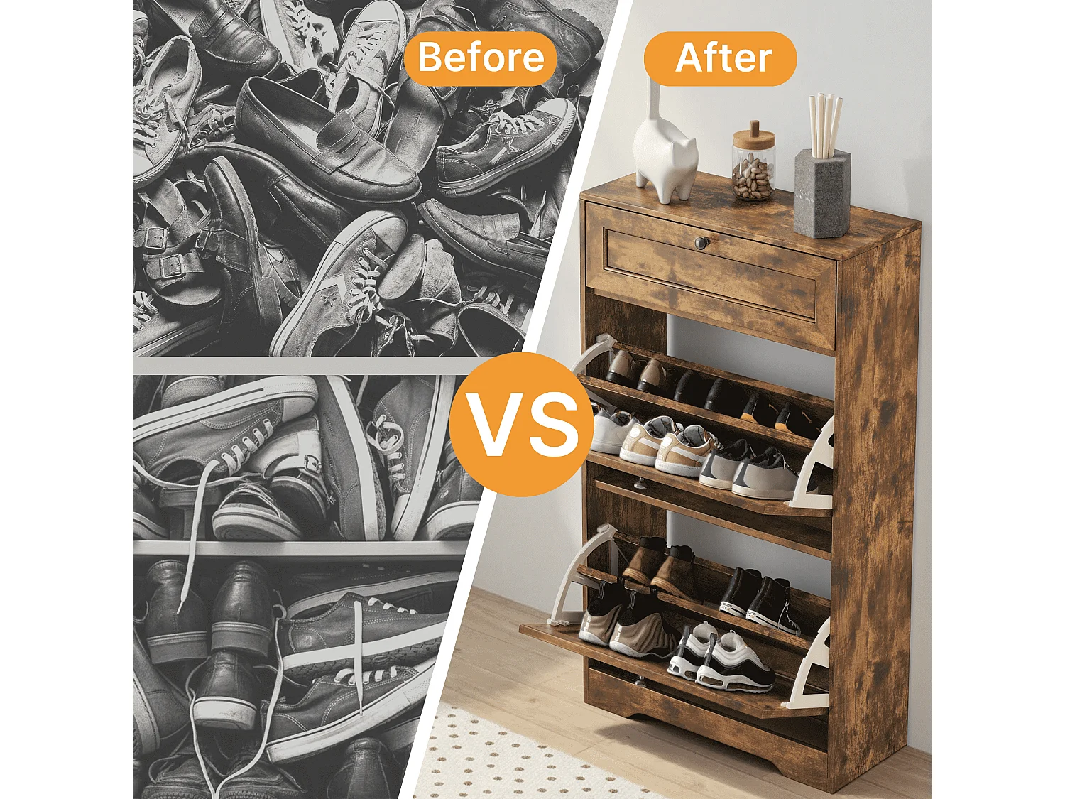 Bealife Meuble chaussures avec 2 abattants，1 tiroirs – 58x24x102 cm, Marron - Étagères réglables en hauteur, Rangement chaussures moderne et fonctionnel