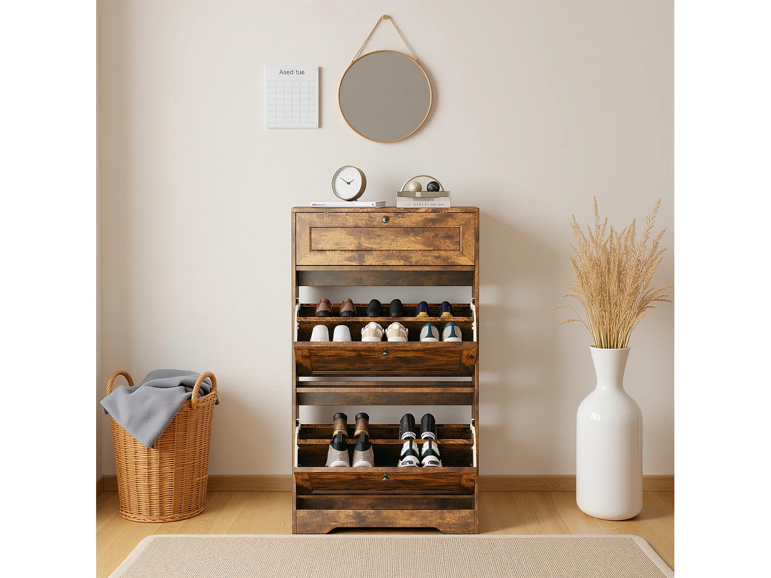 Bealife Meuble chaussures avec 2 abattants，1 tiroirs – 58x24x102 cm, Marron - Étagères réglables en hauteur, Rangement chaussures moderne et fonctionnel