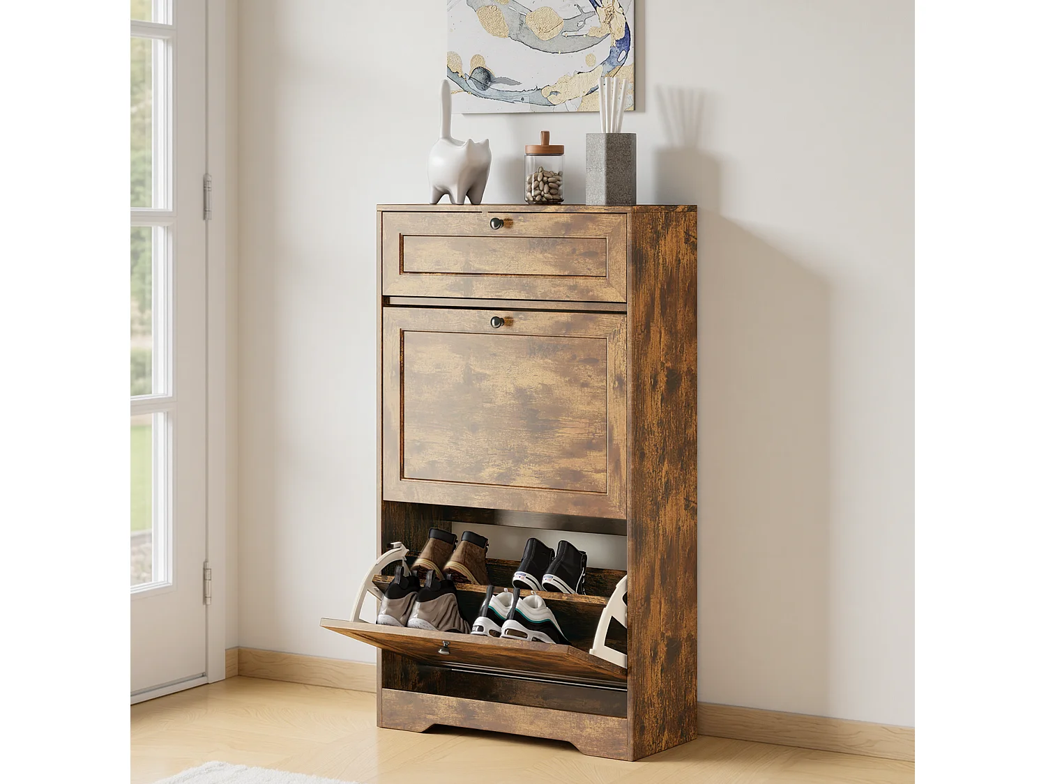 Bealife Meuble chaussures avec 2 abattants，1 tiroirs – 58x24x102 cm, Marron - Étagères réglables en hauteur, Rangement chaussures moderne et fonctionnel