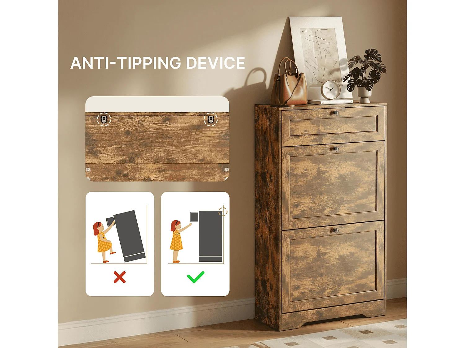 Bealife Meuble chaussures avec 2 abattants，1 tiroirs – 58x24x102 cm, Marron - Étagères réglables en hauteur, Rangement chaussures moderne et fonctionnel