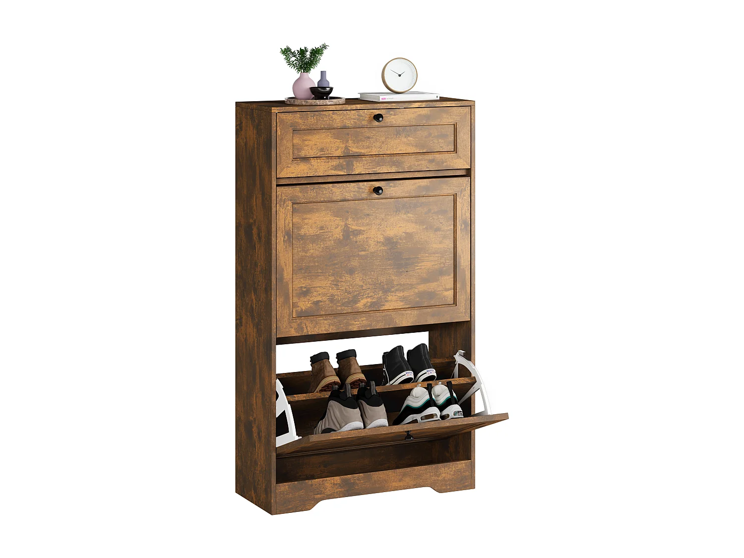 Bealife Meuble chaussures avec 2 abattants，1 tiroirs – 58x24x102 cm, Marron - Étagères réglables en hauteur, Rangement chaussures moderne et fonctionnel