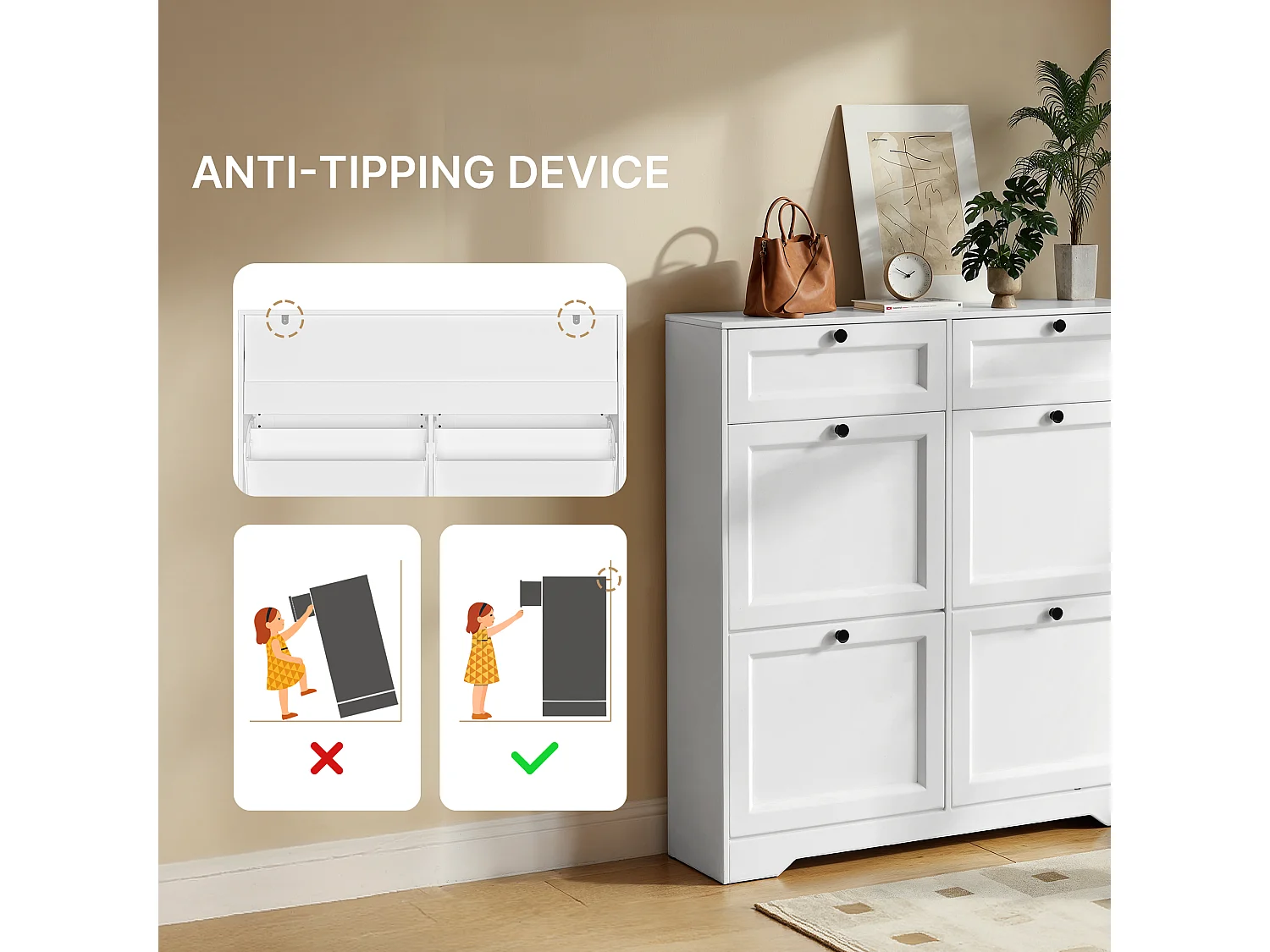 Bealife Meuble chaussures avec 4 abattants，2 tiroirs – 95x24x102 cm, Marron - Étagères réglables en hauteur, Meuble chaussures spacieux et fonctionnel