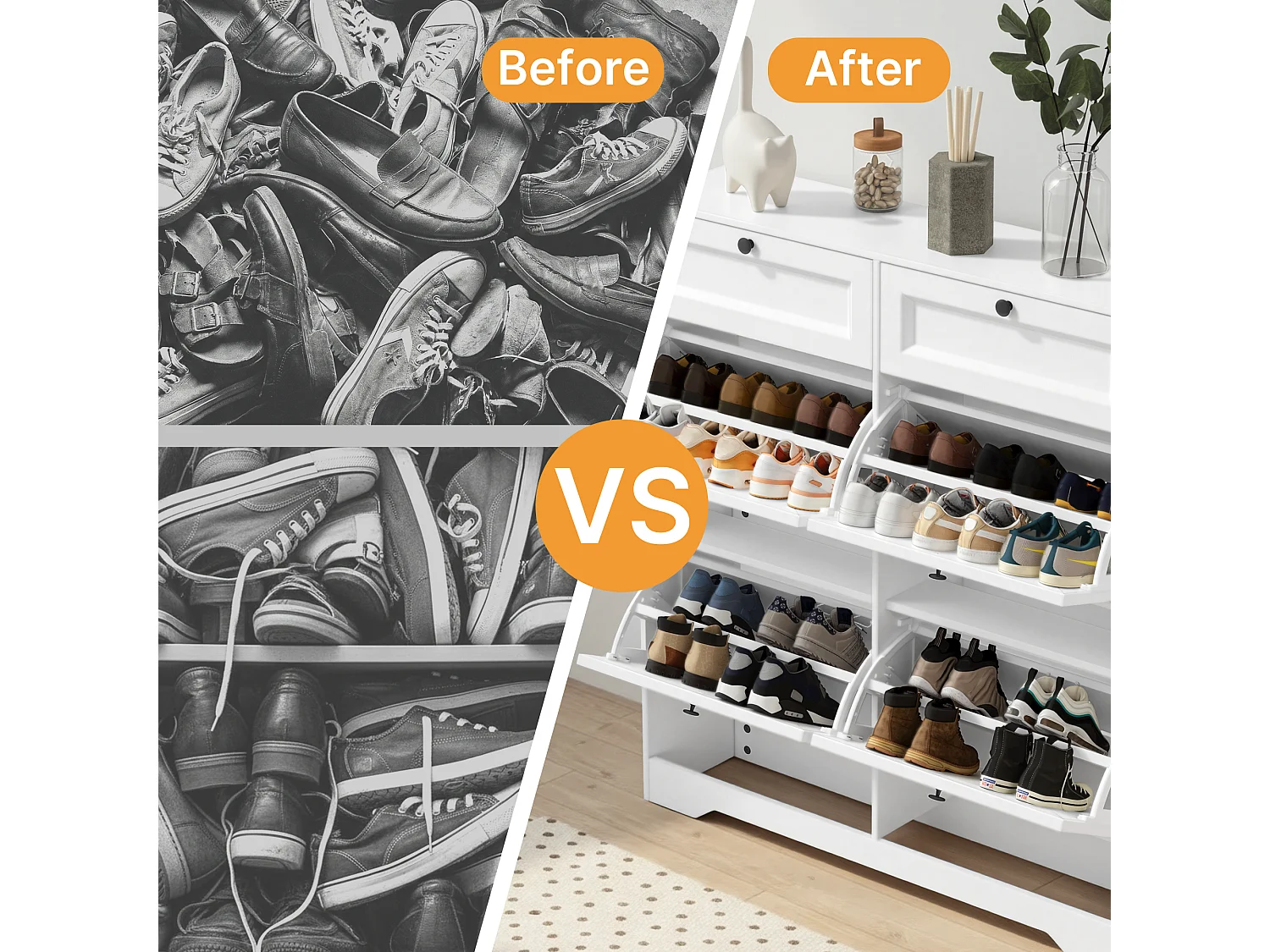 Bealife Meuble chaussures avec 4 abattants，2 tiroirs – 95x24x102 cm, Marron - Étagères réglables en hauteur, Meuble chaussures spacieux et fonctionnel