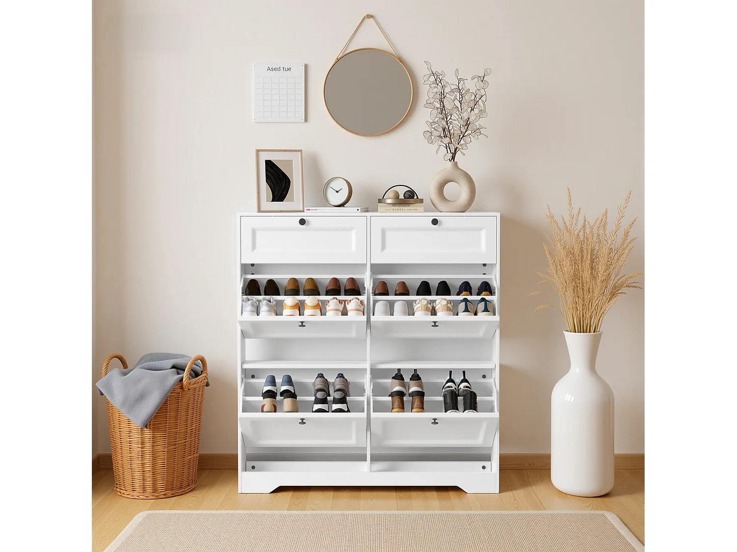 Bealife Meuble chaussures avec 4 abattants，2 tiroirs – 95x24x102 cm, Blanc - Étagères réglables en hauteur, Meuble chaussures spacieux et fonctionnel