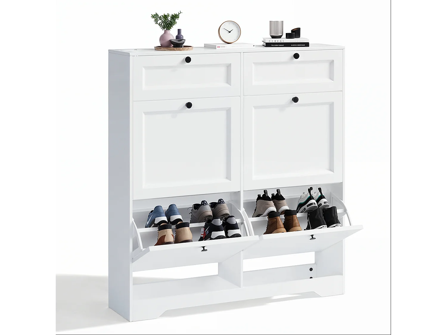 Bealife Meuble chaussures avec 4 abattants，2 tiroirs – 95x24x102 cm, Blanc - Étagères réglables en hauteur, Meuble chaussures spacieux et fonctionnel