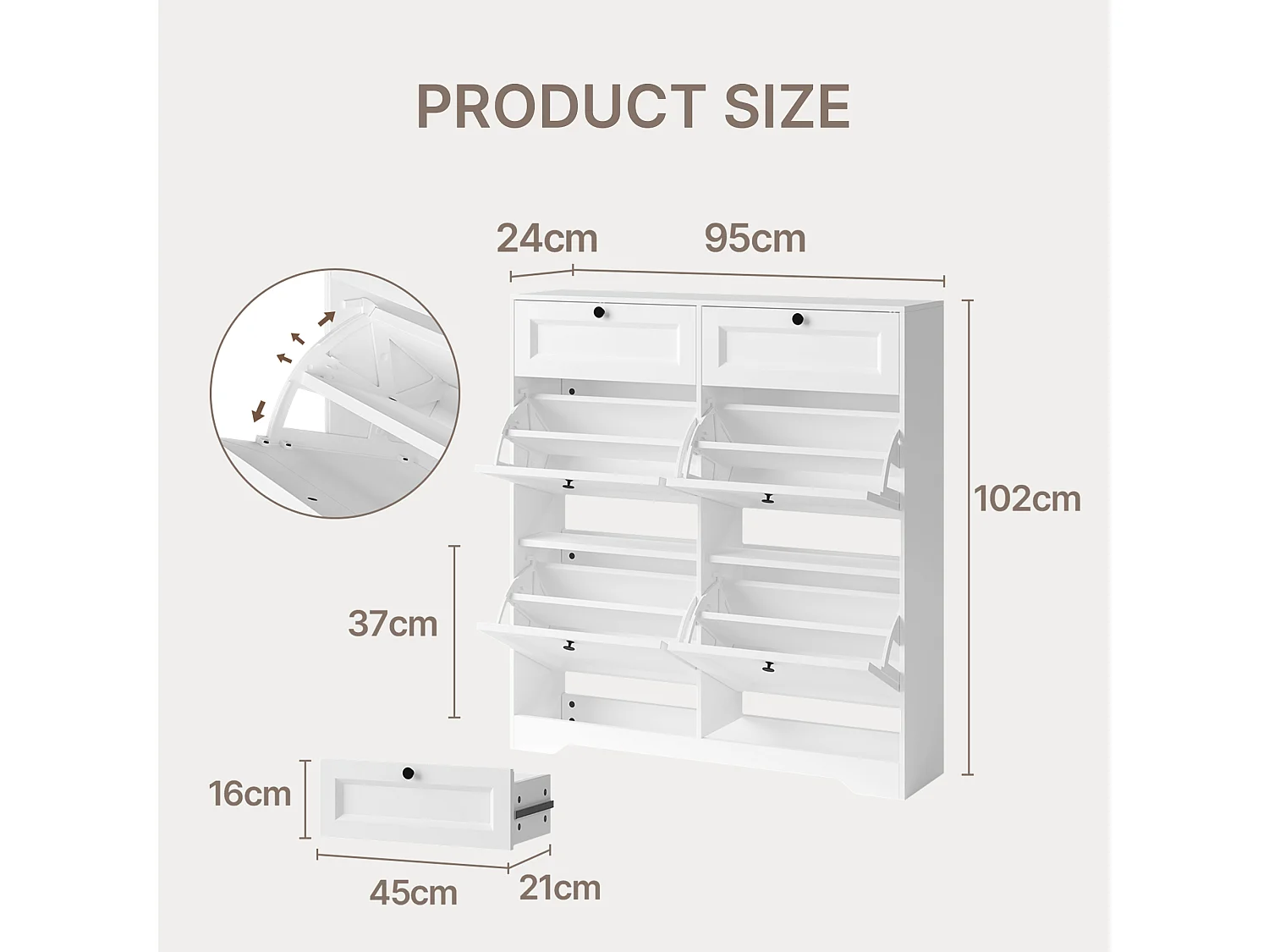 Bealife Meuble chaussures avec 4 abattants，2 tiroirs – 95x24x102 cm, Blanc - Étagères réglables en hauteur, Meuble chaussures spacieux et fonctionnel