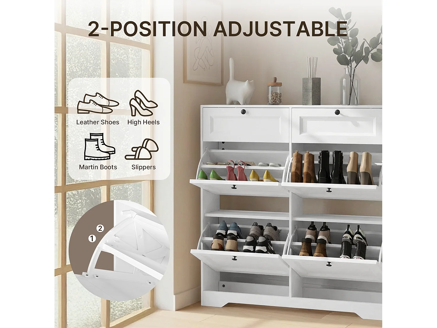 Bealife Meuble chaussures avec 4 abattants，2 tiroirs – 95x24x102 cm, Blanc - Étagères réglables en hauteur, Meuble chaussures spacieux et fonctionnel