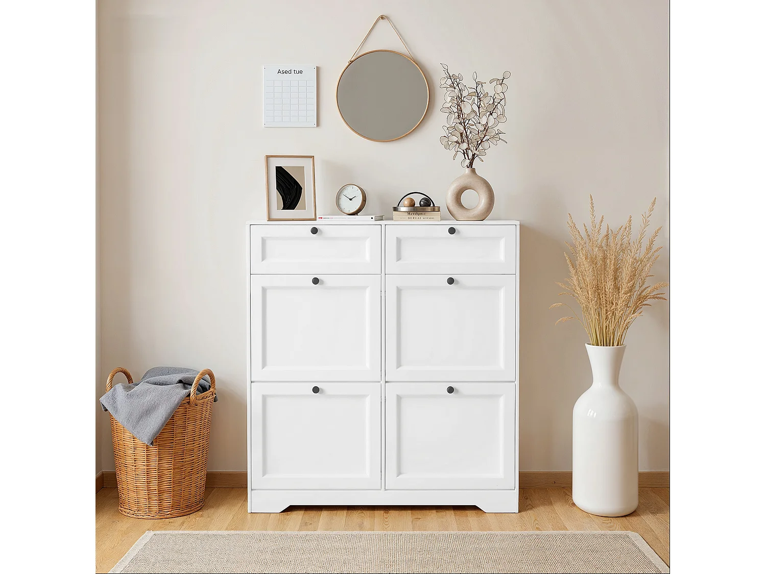 Bealife Meuble chaussures avec 4 abattants，2 tiroirs – 95x24x102 cm, Blanc - Étagères réglables en hauteur, Meuble chaussures spacieux et fonctionnel