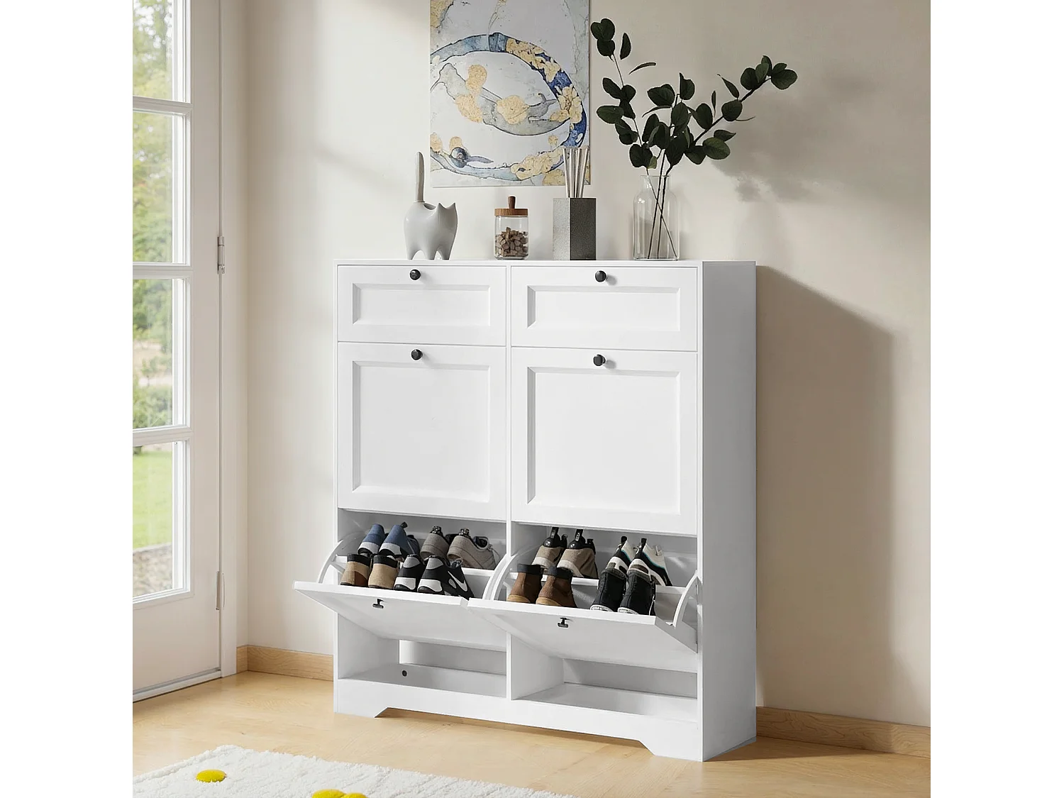 Bealife Meuble chaussures avec 4 abattants，2 tiroirs – 95x24x102 cm, Blanc - Étagères réglables en hauteur, Meuble chaussures spacieux et fonctionnel