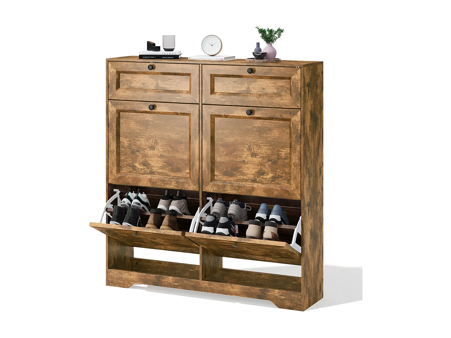 Bealife Meuble chaussures avec 4 abattants，2 tiroirs – 95x24x102 cm, Marron - Étagères réglables en hauteur,  Meuble chaussures spacieux et fonctionnel