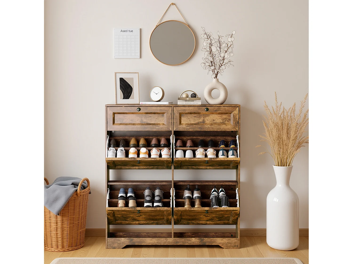 Bealife Meuble chaussures avec 4 abattants，2 tiroirs – 95x24x102 cm, Marron - Étagères réglables en hauteur,  Meuble chaussures spacieux et fonctionnel