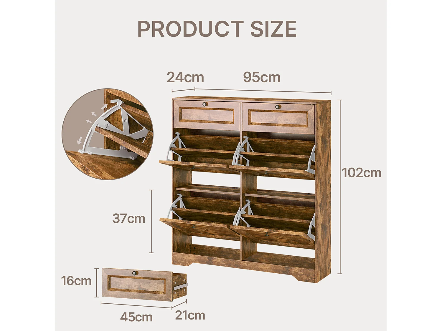Bealife Meuble chaussures avec 4 abattants，2 tiroirs – 95x24x102 cm, Marron - Étagères réglables en hauteur,  Meuble chaussures spacieux et fonctionnel