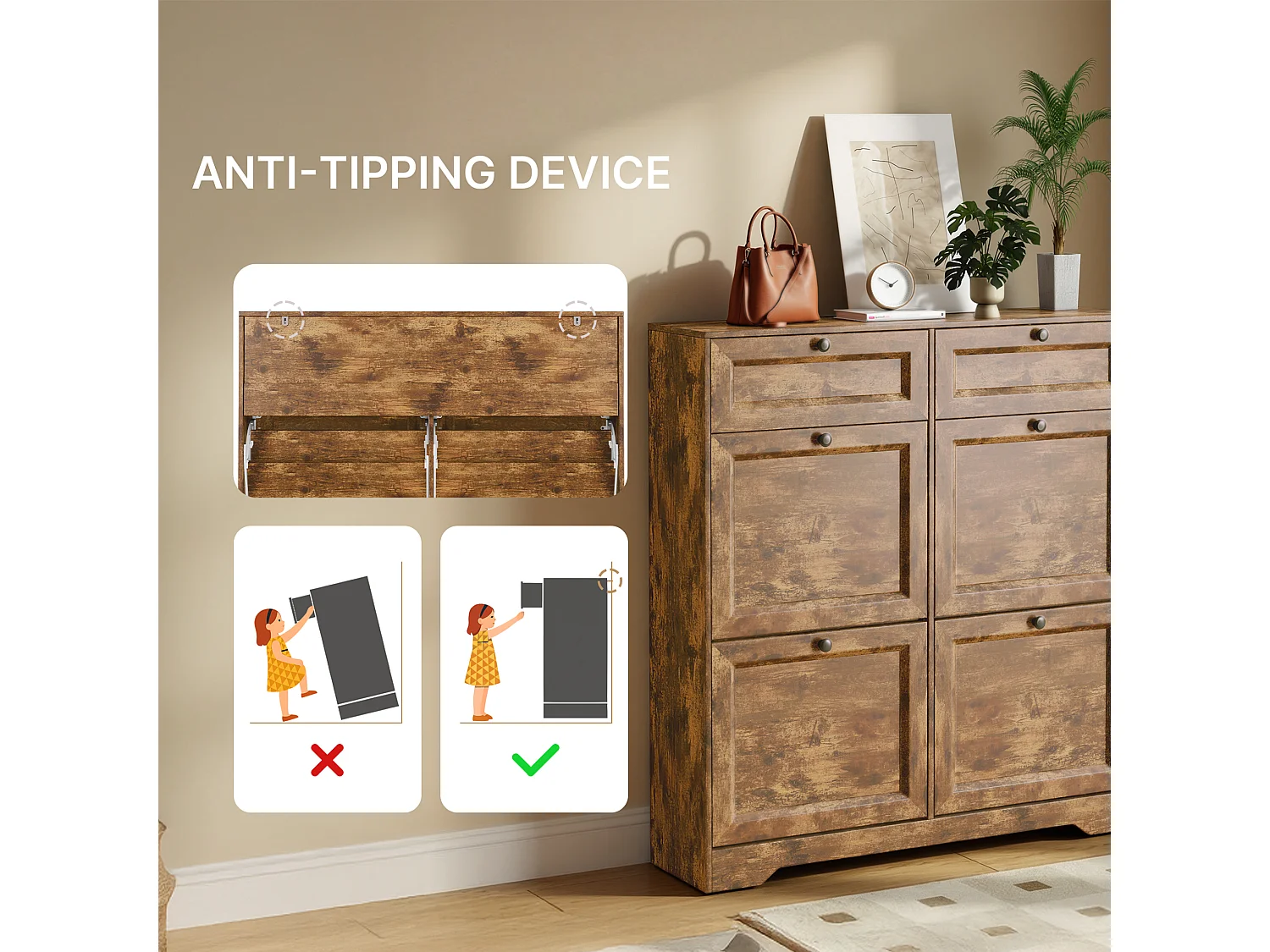 Bealife Meuble chaussures avec 4 abattants，2 tiroirs – 95x24x102 cm, Marron - Étagères réglables en hauteur,  Meuble chaussures spacieux et fonctionnel