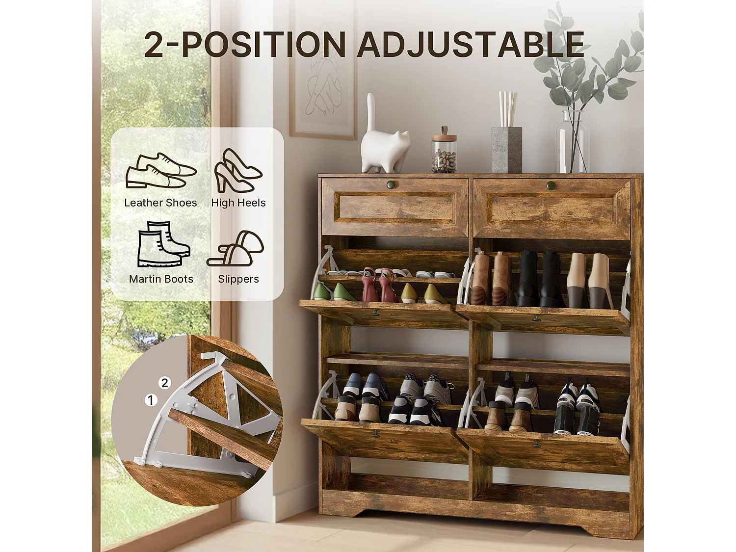Bealife Meuble chaussures avec 4 abattants，2 tiroirs – 95x24x102 cm, Marron - Étagères réglables en hauteur,  Meuble chaussures spacieux et fonctionnel