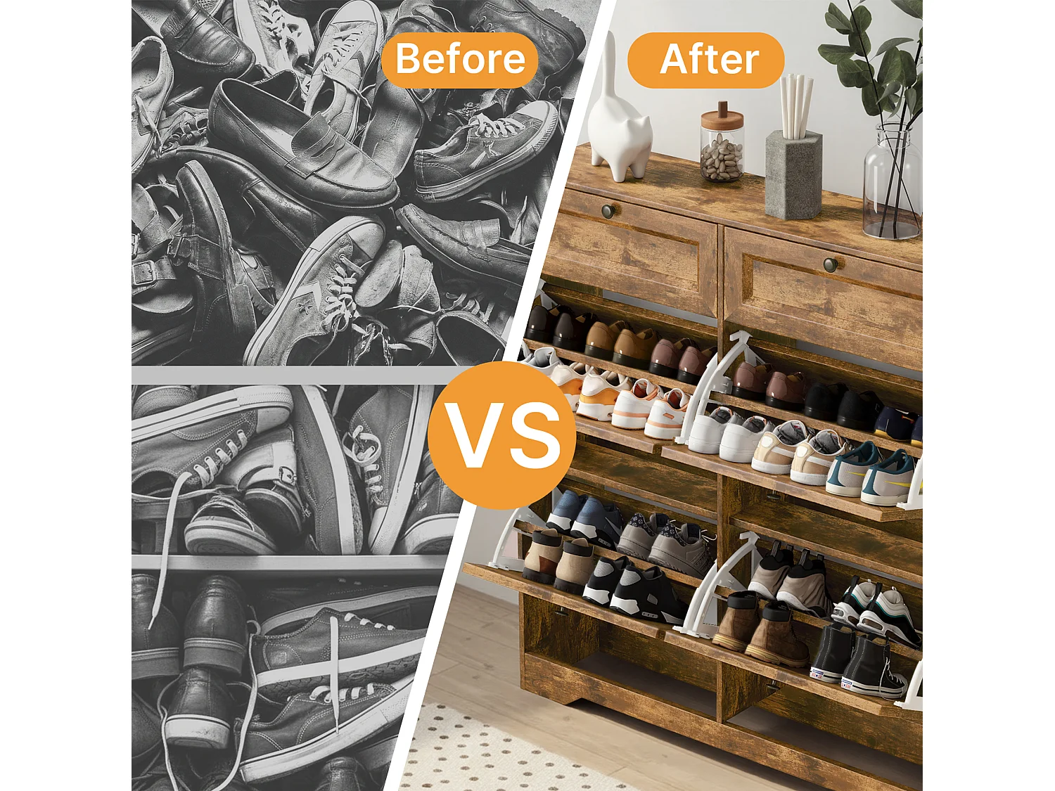 Bealife Meuble chaussures avec 4 abattants，2 tiroirs – 95x24x102 cm, Marron - Étagères réglables en hauteur,  Meuble chaussures spacieux et fonctionnel