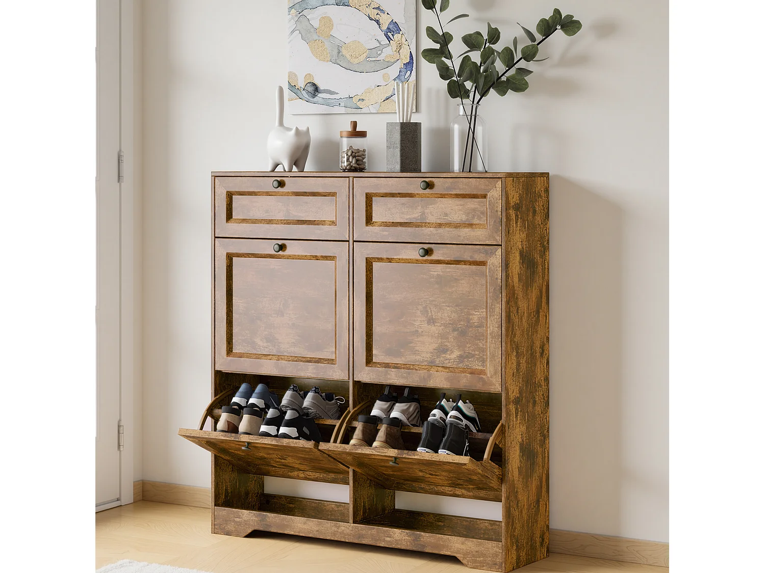 Bealife Meuble chaussures avec 4 abattants，2 tiroirs – 95x24x102 cm, Marron - Étagères réglables en hauteur,  Meuble chaussures spacieux et fonctionnel