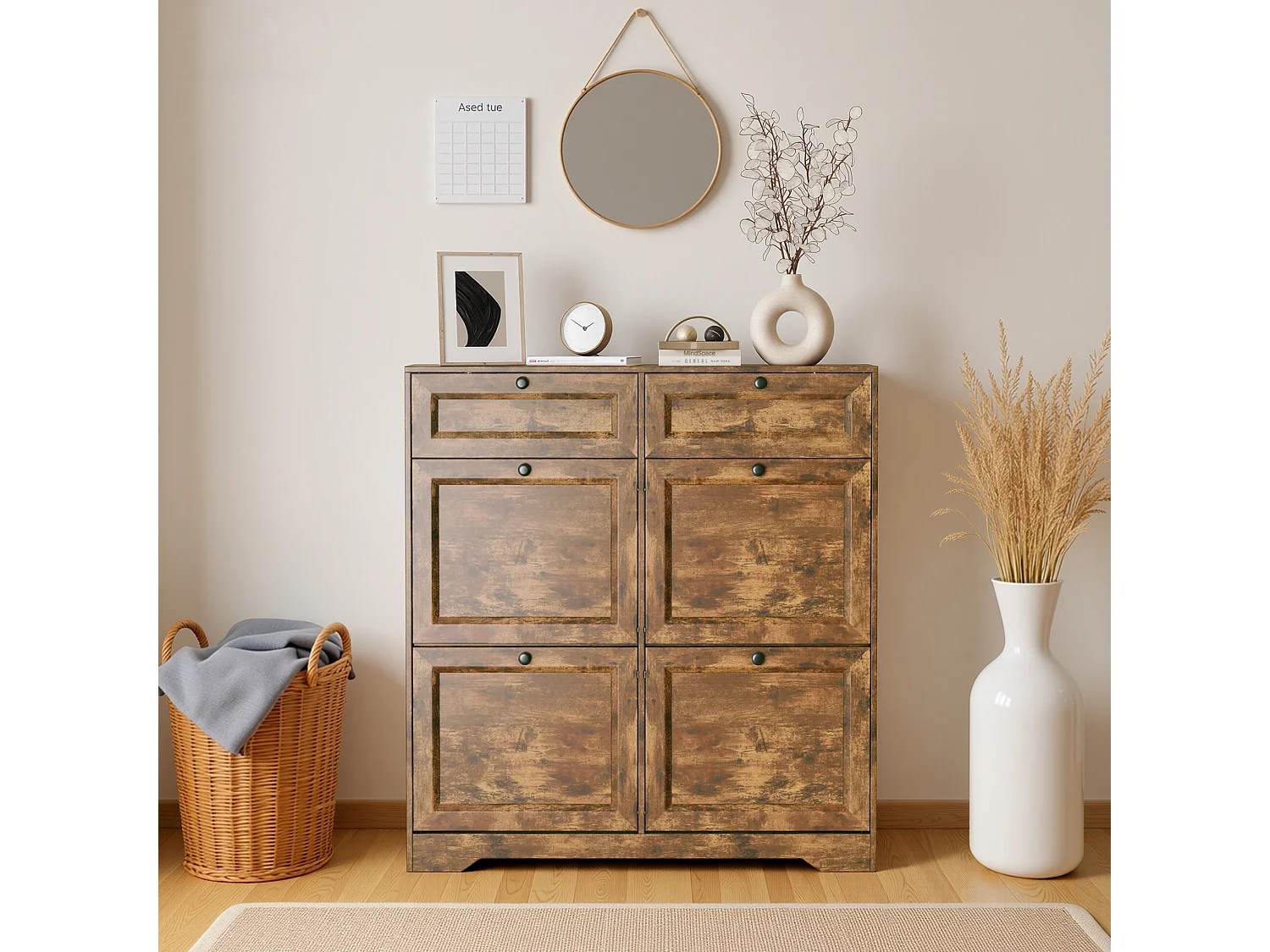 Bealife Meuble chaussures avec 4 abattants，2 tiroirs – 95x24x102 cm, Marron - Étagères réglables en hauteur,  Meuble chaussures spacieux et fonctionnel