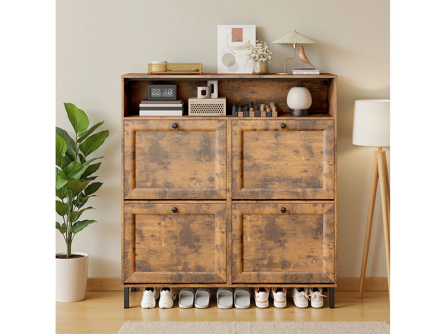 Bealife Meuble chaussures avec 4 abattants et 1 niche, 100x24x108 cm, Marron – Étagères réglables, capacité de rangement importante pour toutes vos chaussures.