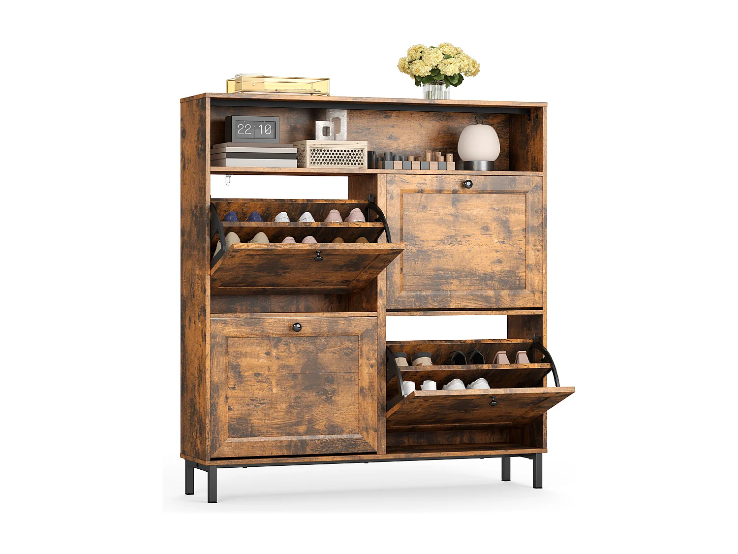 Bealife Meuble chaussures avec 4 abattants et 1 niche, 100x24x108 cm, Marron – Étagères réglables, capacité de rangement importante pour toutes vos chaussures.