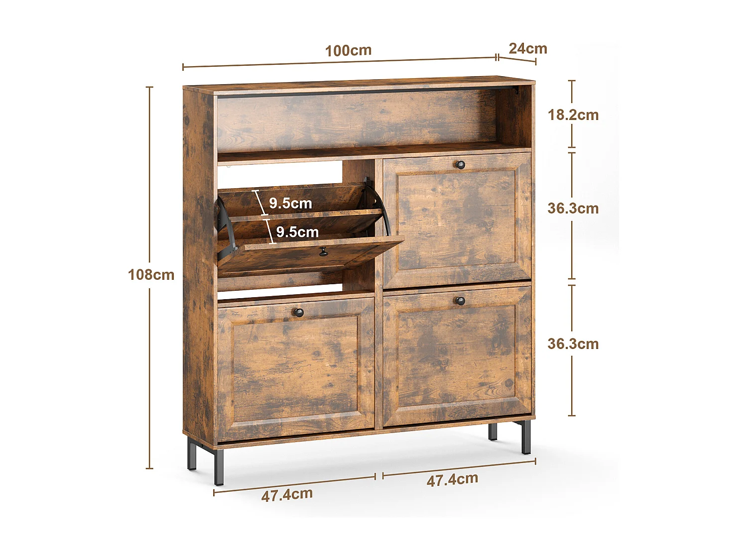 Bealife Meuble chaussures avec 4 abattants et 1 niche, 100x24x108 cm, Marron – Étagères réglables, capacité de rangement importante pour toutes vos chaussures.