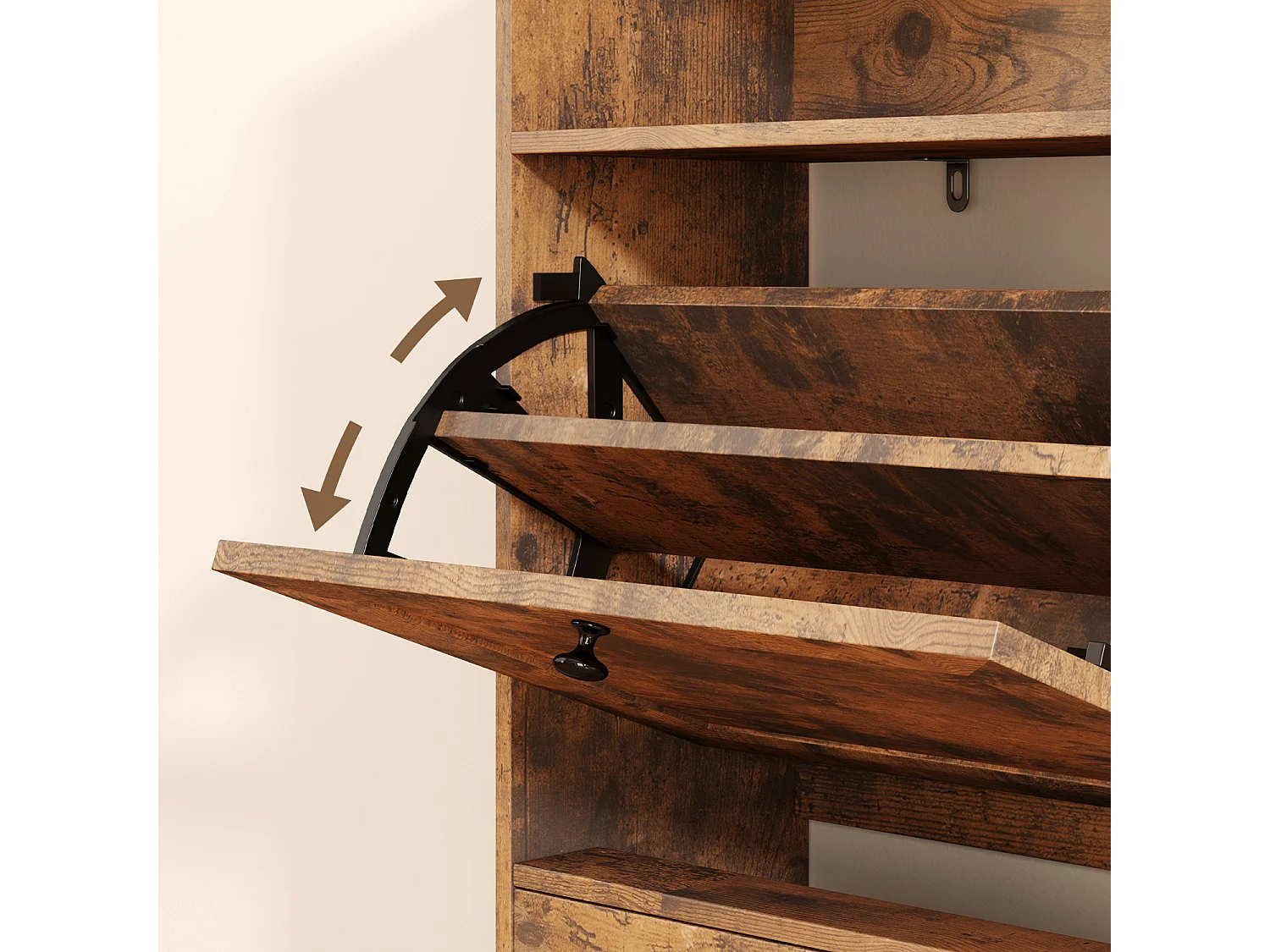 Bealife Meuble chaussures avec 4 abattants et 1 niche, 100x24x108 cm, Marron – Étagères réglables, capacité de rangement importante pour toutes vos chaussures.