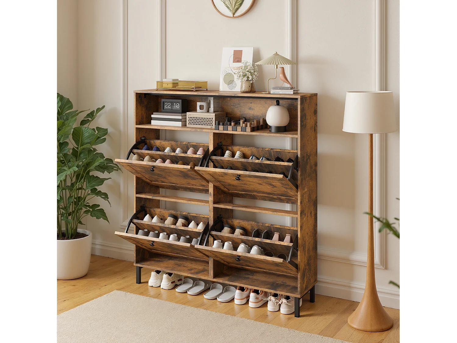 Bealife Meuble chaussures avec 4 abattants et 1 niche, 100x24x108 cm, Marron – Étagères réglables, capacité de rangement importante pour toutes vos chaussures.
