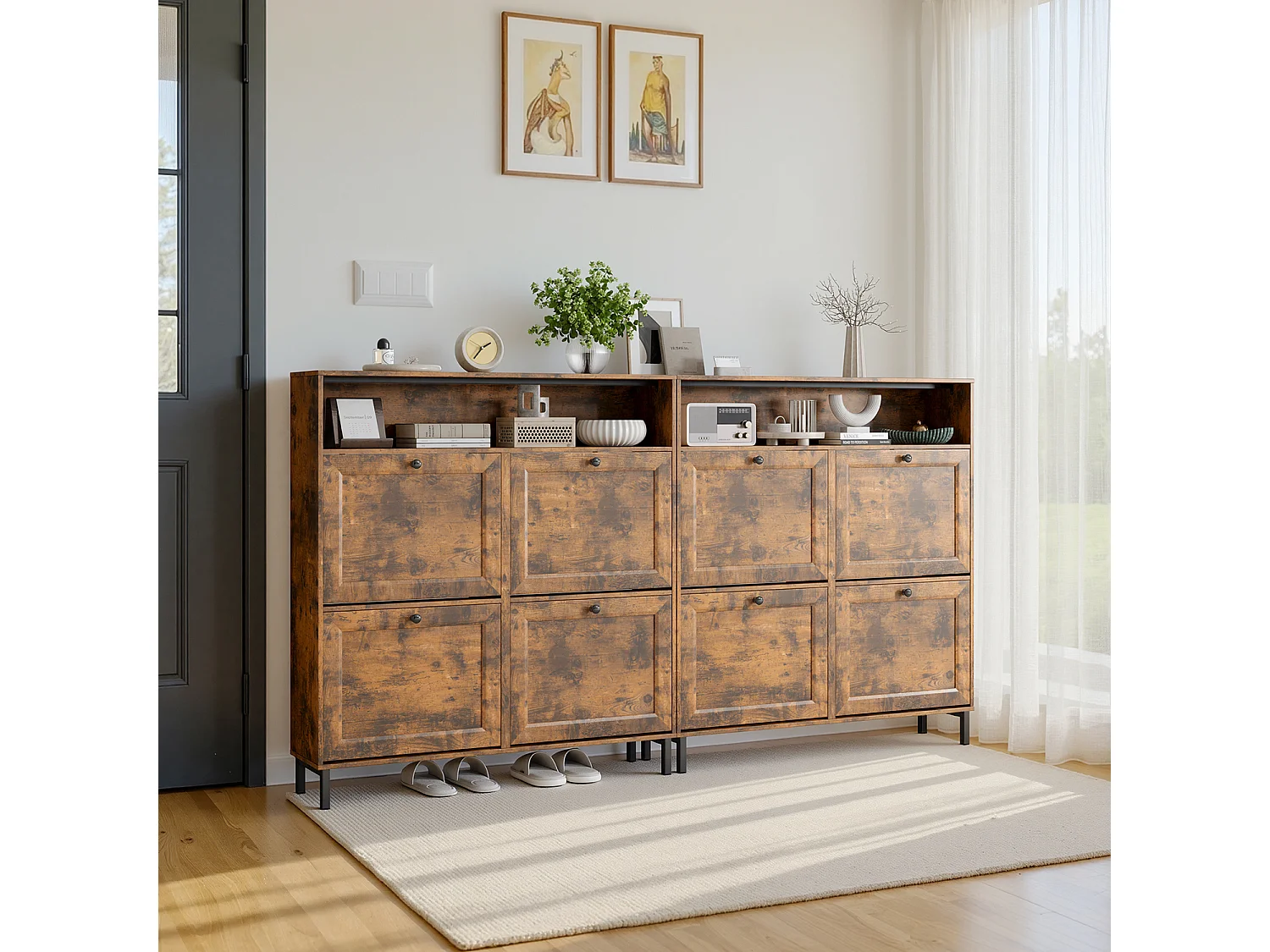 Bealife Meuble chaussures avec 4 abattants et 1 niche, 100x24x108 cm, Marron – Étagères réglables, capacité de rangement importante pour toutes vos chaussures.