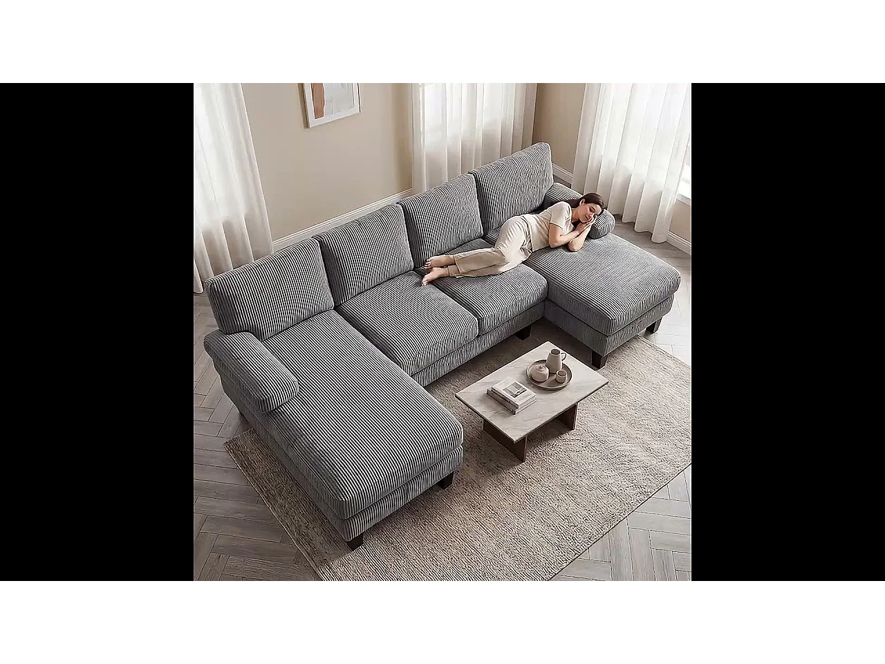 Bealife Canapé d’angle en forme de U avec 2 chaises longues, canapé convertible en velours côtelé, salon moderne spacieux pour grandes réunions de famille - Gris