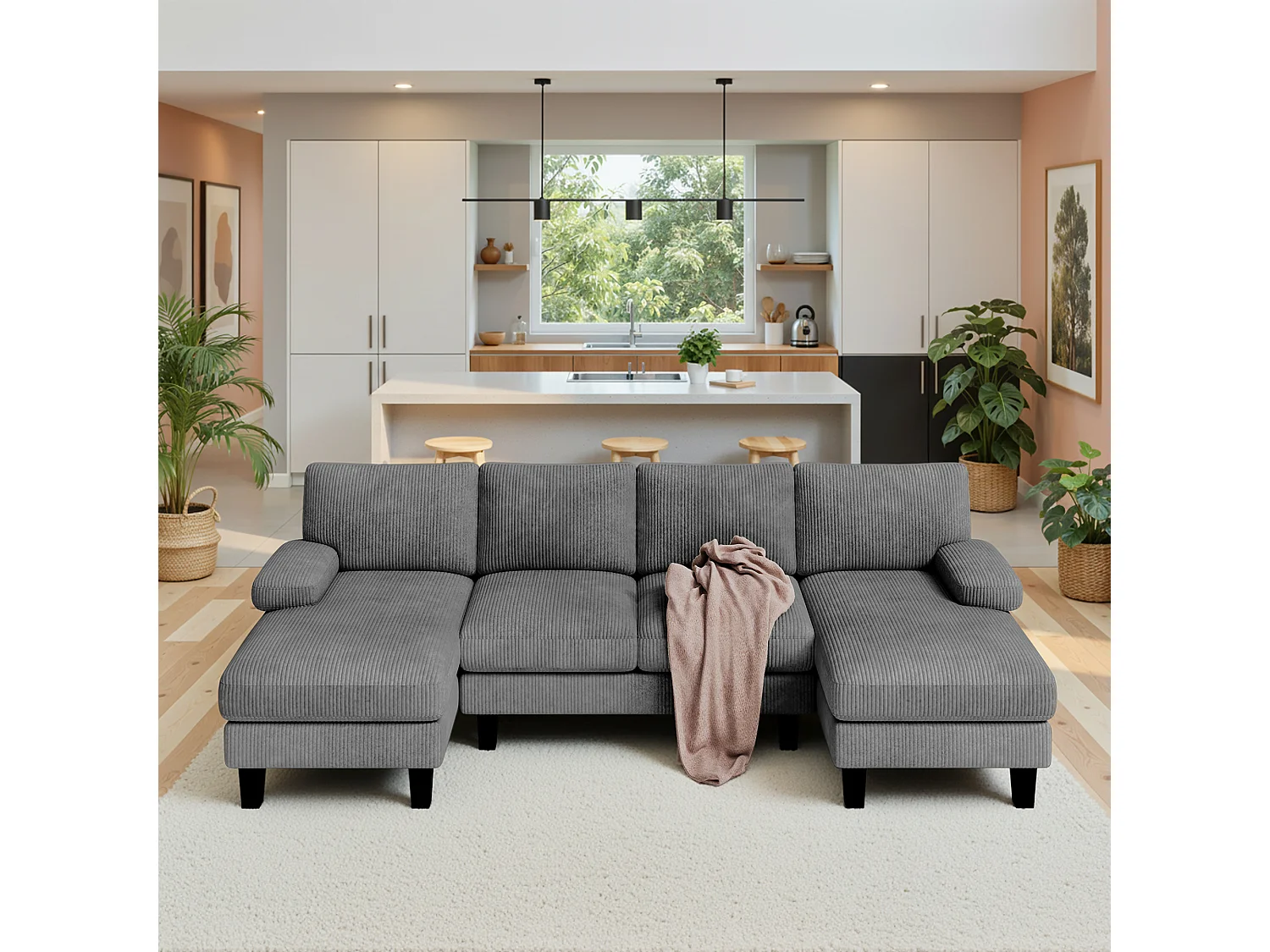 Bealife Canapé d’angle en forme de U avec 2 chaises longues, canapé convertible en velours côtelé, salon moderne spacieux pour grandes réunions de famille - Gris