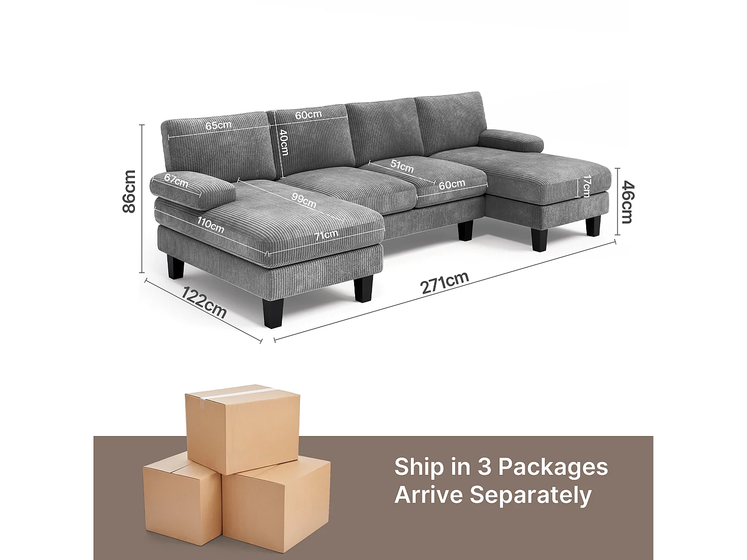 Bealife Canapé d’angle en forme de U avec 2 chaises longues, canapé convertible en velours côtelé, salon moderne spacieux pour grandes réunions de famille - Gris