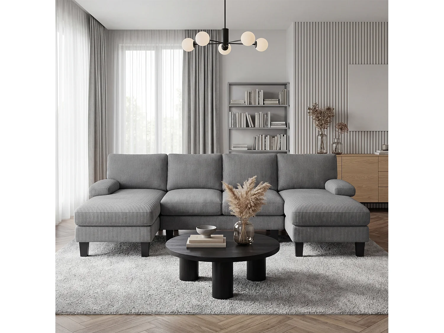 Bealife Canapé d’angle en forme de U avec 2 chaises longues, canapé convertible en velours côtelé, salon moderne spacieux pour grandes réunions de famille - Gris