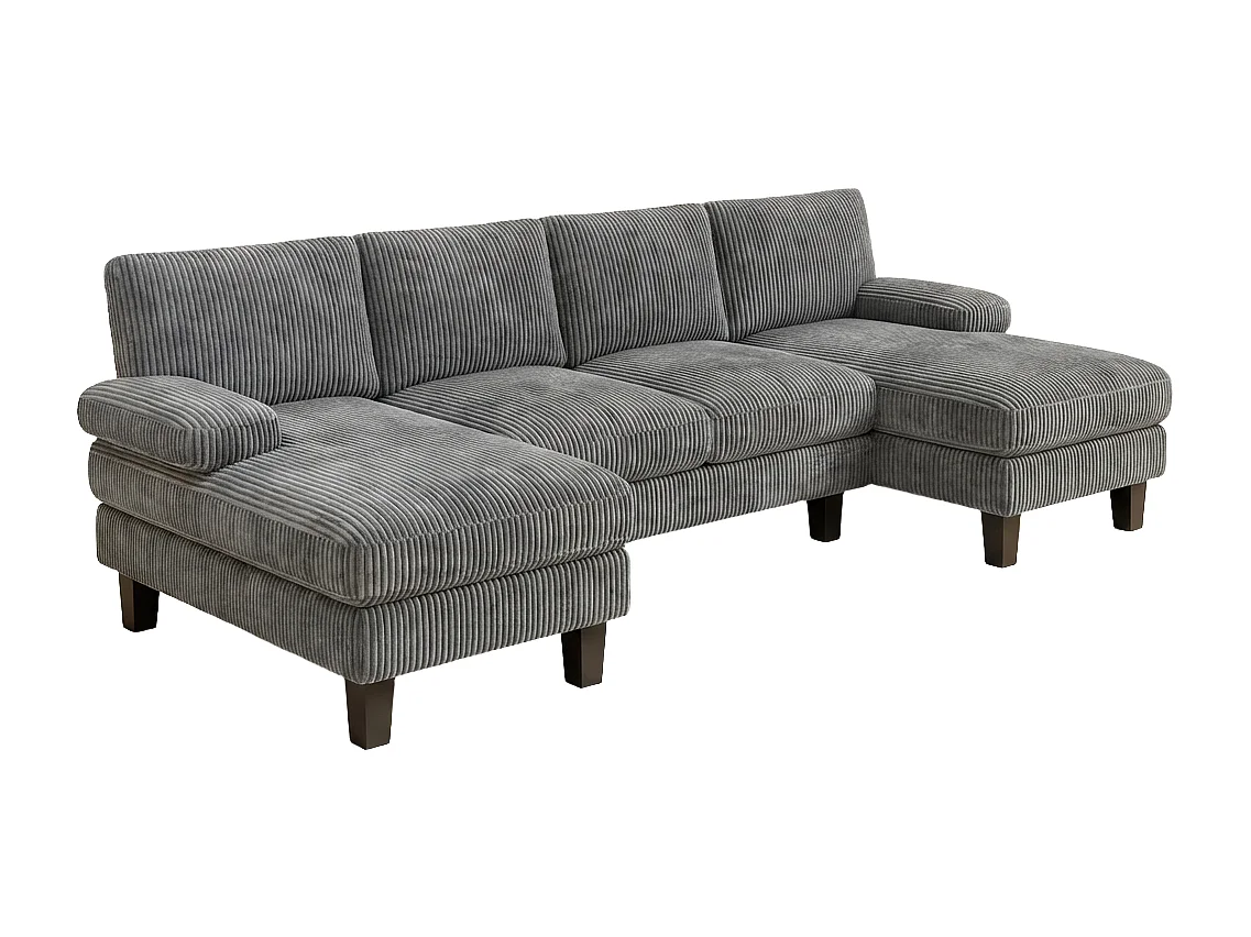 Bealife Canapé d’angle en forme de U avec 2 chaises longues, canapé convertible en velours côtelé, salon moderne spacieux pour grandes réunions de famille - Gris