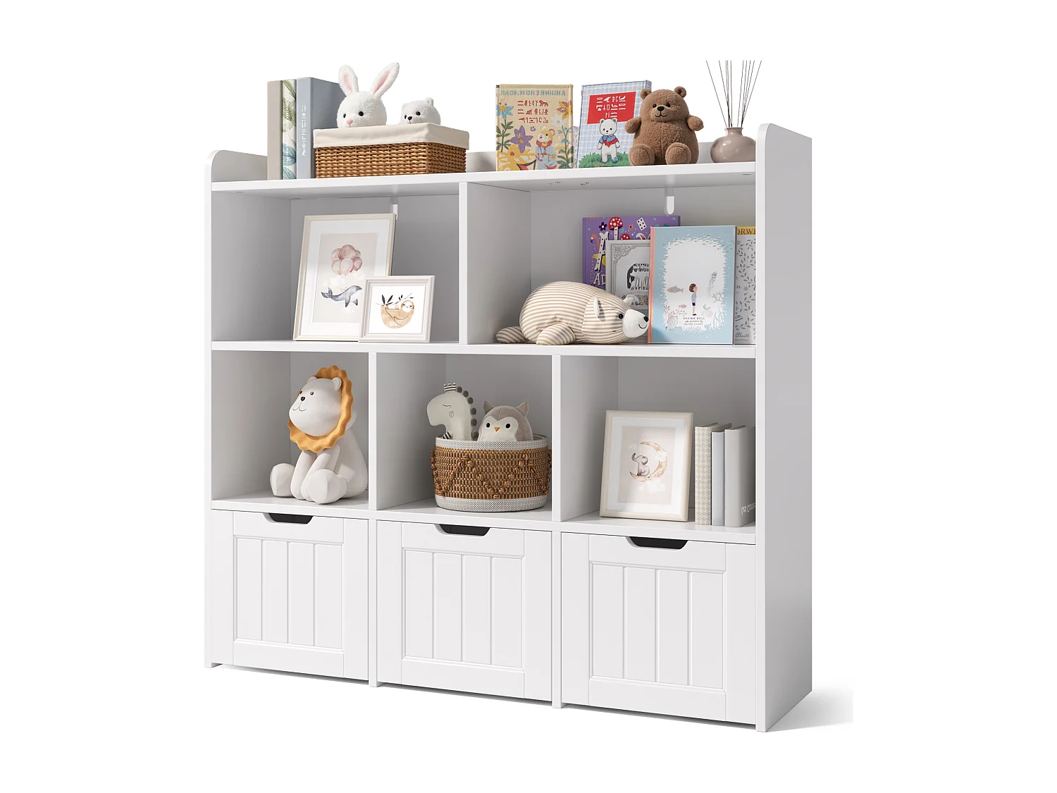 Bibliothèque enfants étagère basse Bealife – 8 compartiments, 3 tiroirs ouverts mobiles, blanc - 100×30×90cm