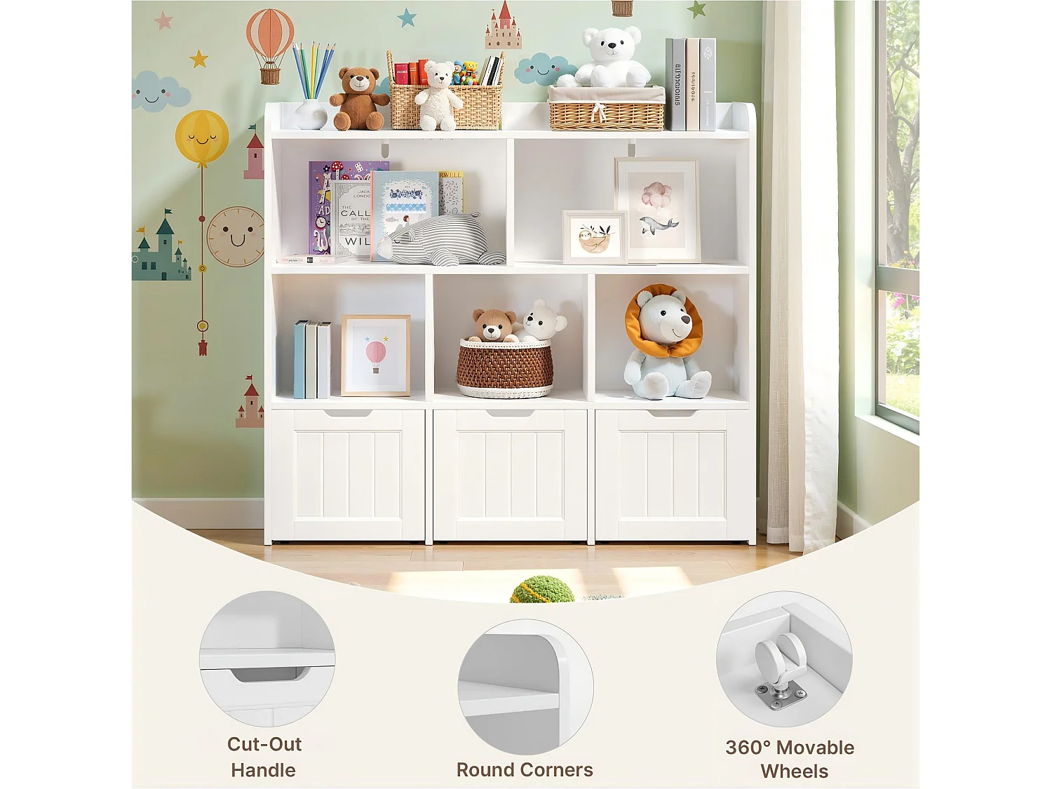 Bibliothèque enfants étagère basse Bealife – 8 compartiments, 3 tiroirs ouverts mobiles, blanc - 100×30×90cm