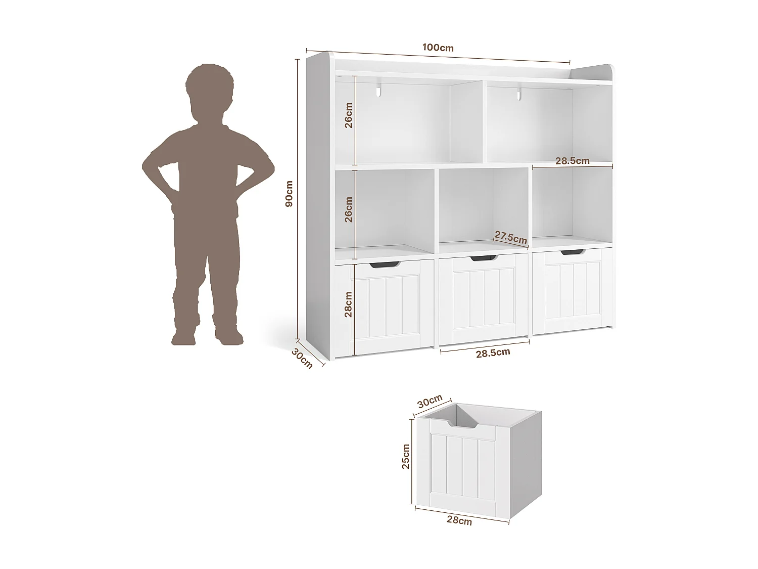 Bibliothèque enfants étagère basse Bealife – 8 compartiments, 3 tiroirs ouverts mobiles, blanc - 100×30×90cm