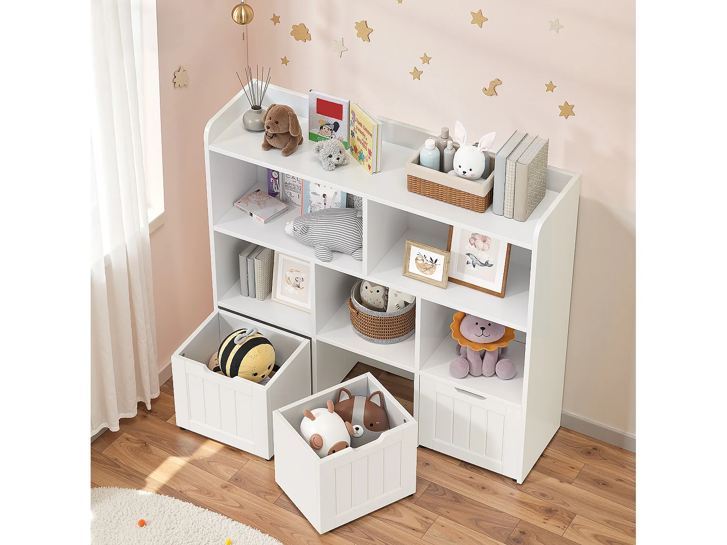 Bibliothèque enfants étagère basse Bealife – 8 compartiments, 3 tiroirs ouverts mobiles, blanc - 100×30×90cm