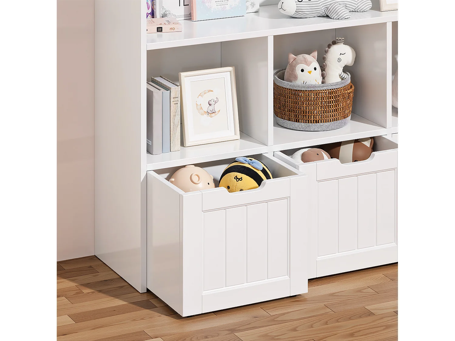 Bibliothèque enfants étagère basse Bealife – 8 compartiments, 3 tiroirs ouverts mobiles, blanc - 100×30×90cm