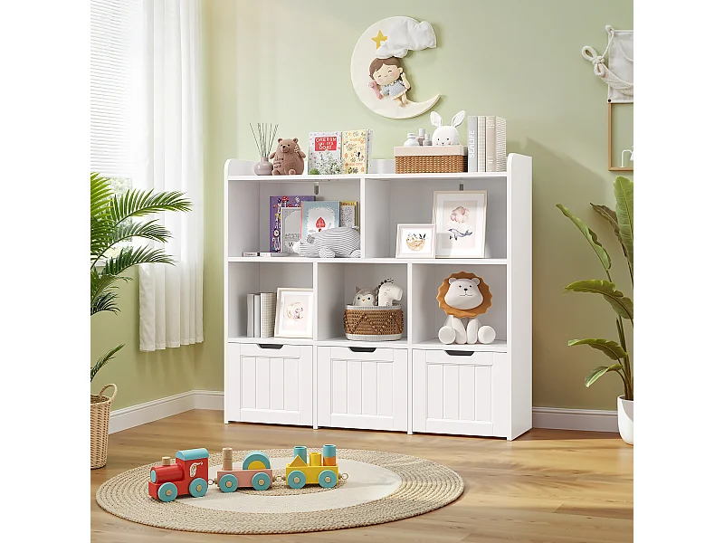 Bibliothèque enfants étagère basse Bealife – 8 compartiments, 3 tiroirs ouverts mobiles, blanc - 100×30×90cm