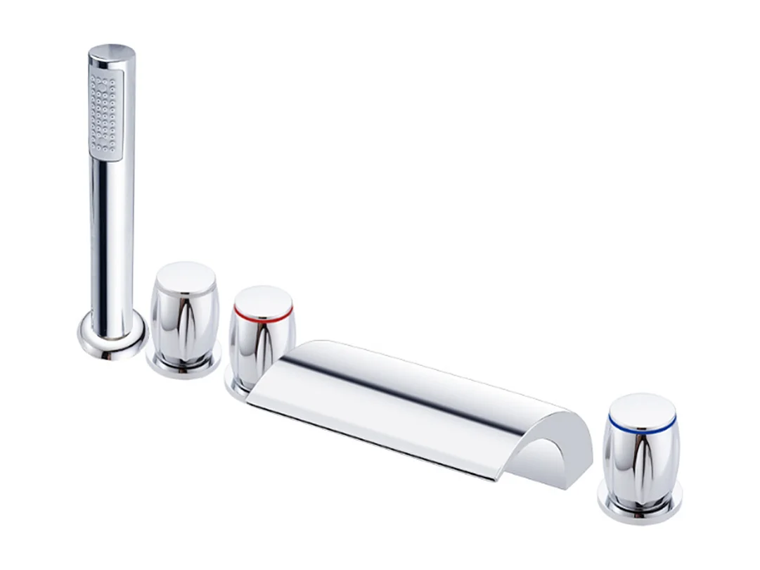 Robinet de baignoire style moderne cascade en Laiton mélangeur avec douchette 5 trous cartouche céramique Chrome
